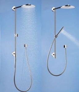Dank des patentierten, leicht zu bedienenden Stecksystems aus Kopfdusche und Stabhandbrause mit integrierter Kupplung entfallen bei der Raindance Connect Umsteller und doppelte Schlauchführung.