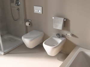 Das wandhängende WC wird durch einen integrierten Sitz zu einer optischen Einheit.