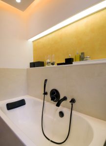 Ondus - bathroom in black and yellow tones | Schramm | Munich | Bathroom  renovation, heating modernization, living space renovation, image size:217x300