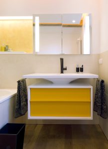 Ondus - bathroom in black and yellow tones | Schramm | Munich | Bathroom  renovation, heating modernization, living space renovation, image size:217x300