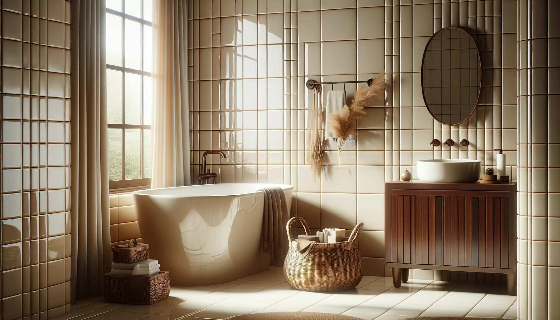 Harmonische Badezimmergestaltung mit cremefarbenen Fliesen und braunen Akzenten