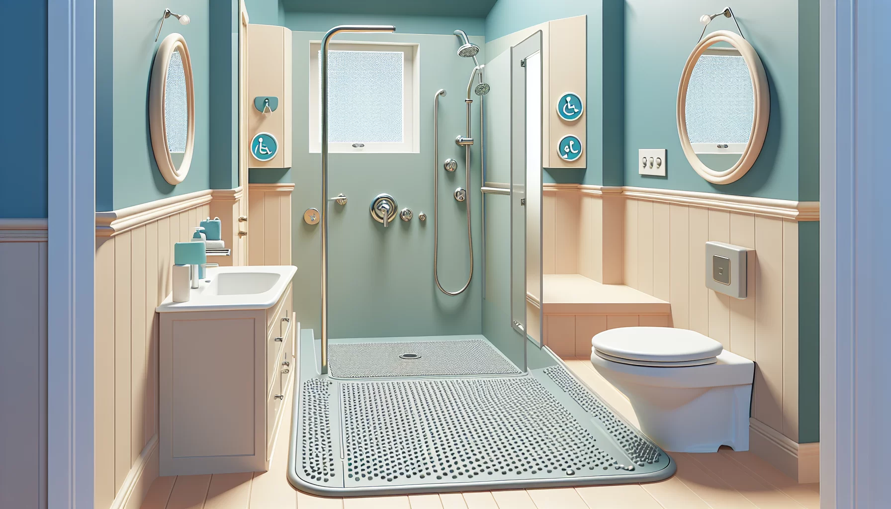 Illustration wichtiger Ausstattungsmerkmale für barrierefreie Bäder