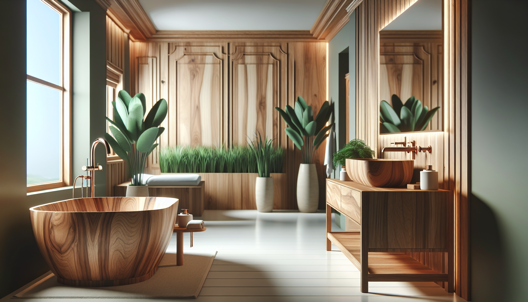 Holzbadewanne und Waschbecken in eleganter Holzoptik