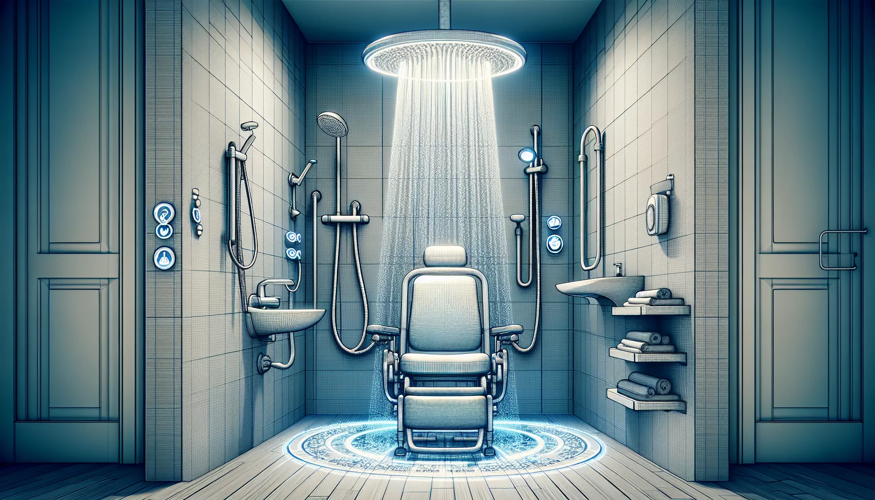 Illustration technischer Hilfen und Unterstützungssysteme im barrierefreien Bad
