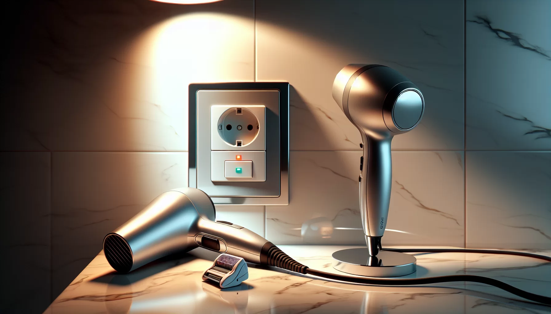 Illustration eines Badezimmers mit elektrischen Geräten und einem FI-Schutzschalter