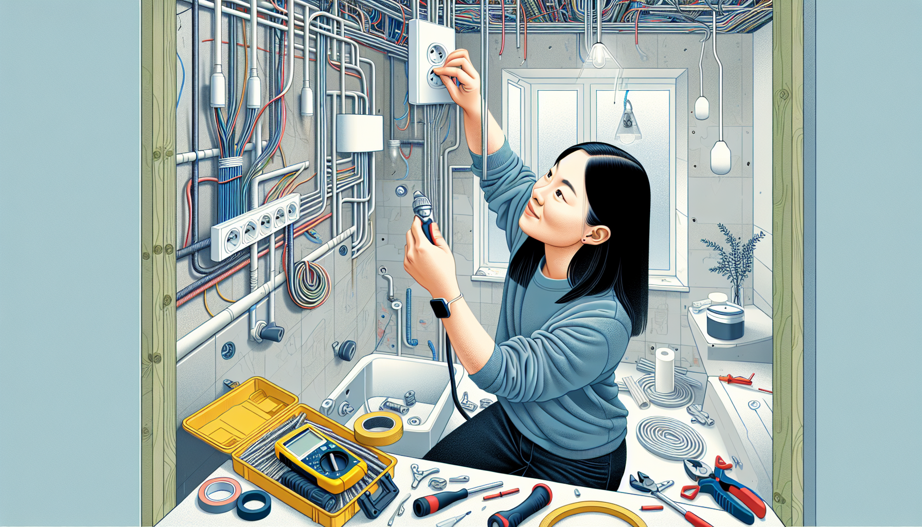 Elektriker - Illustration eines Elektrikers bei der Installation elektrischer Leitungen
