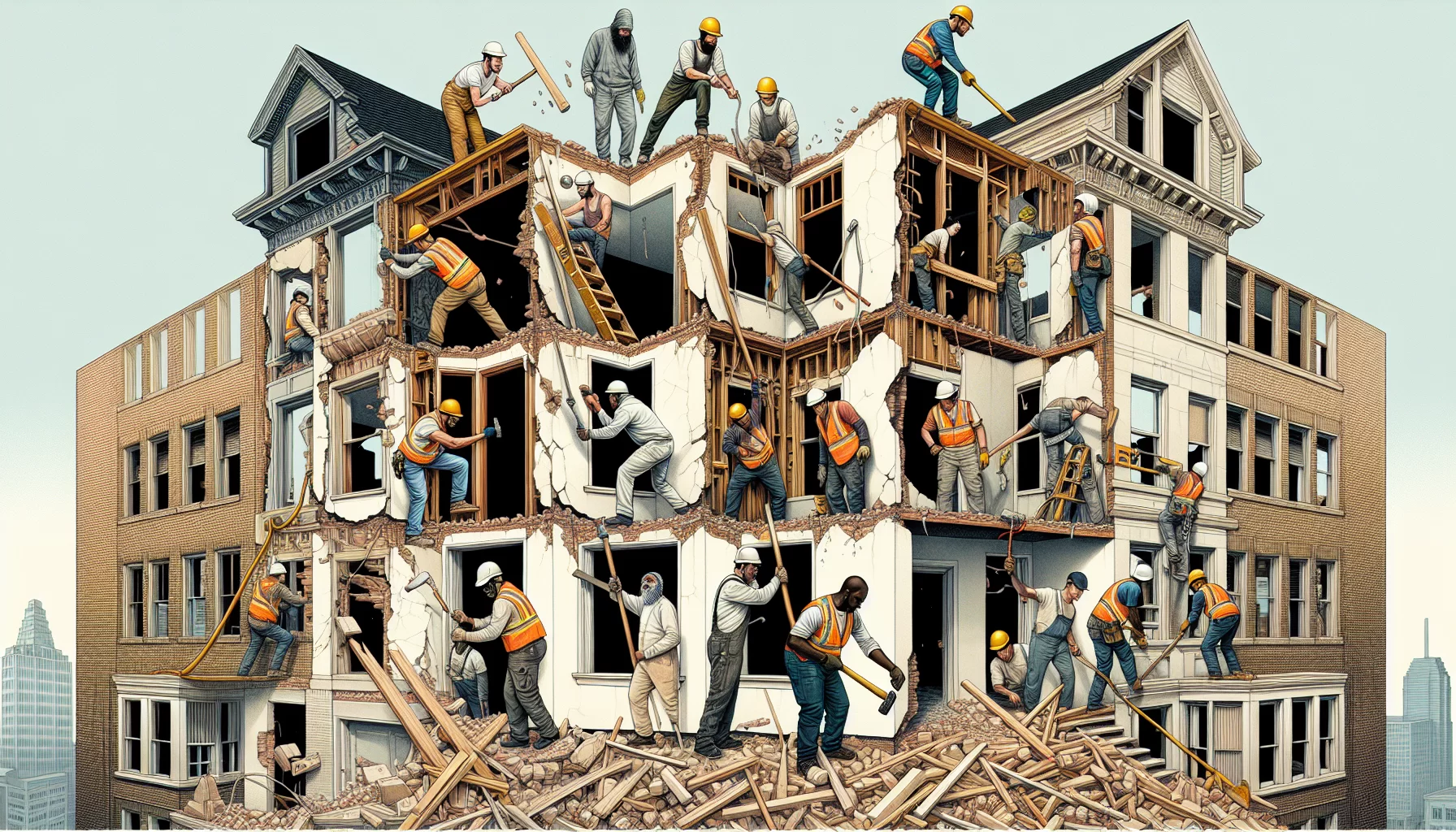 Illustration eines Gebäudes, das entkernt wird