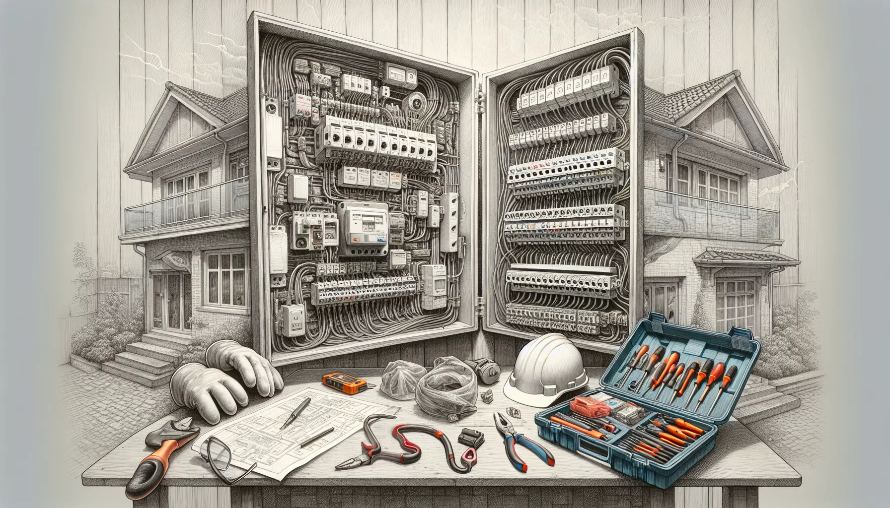 Illustration von Sicherheitsmaßnahmen beim Einbau eines FI-Schutzschalters