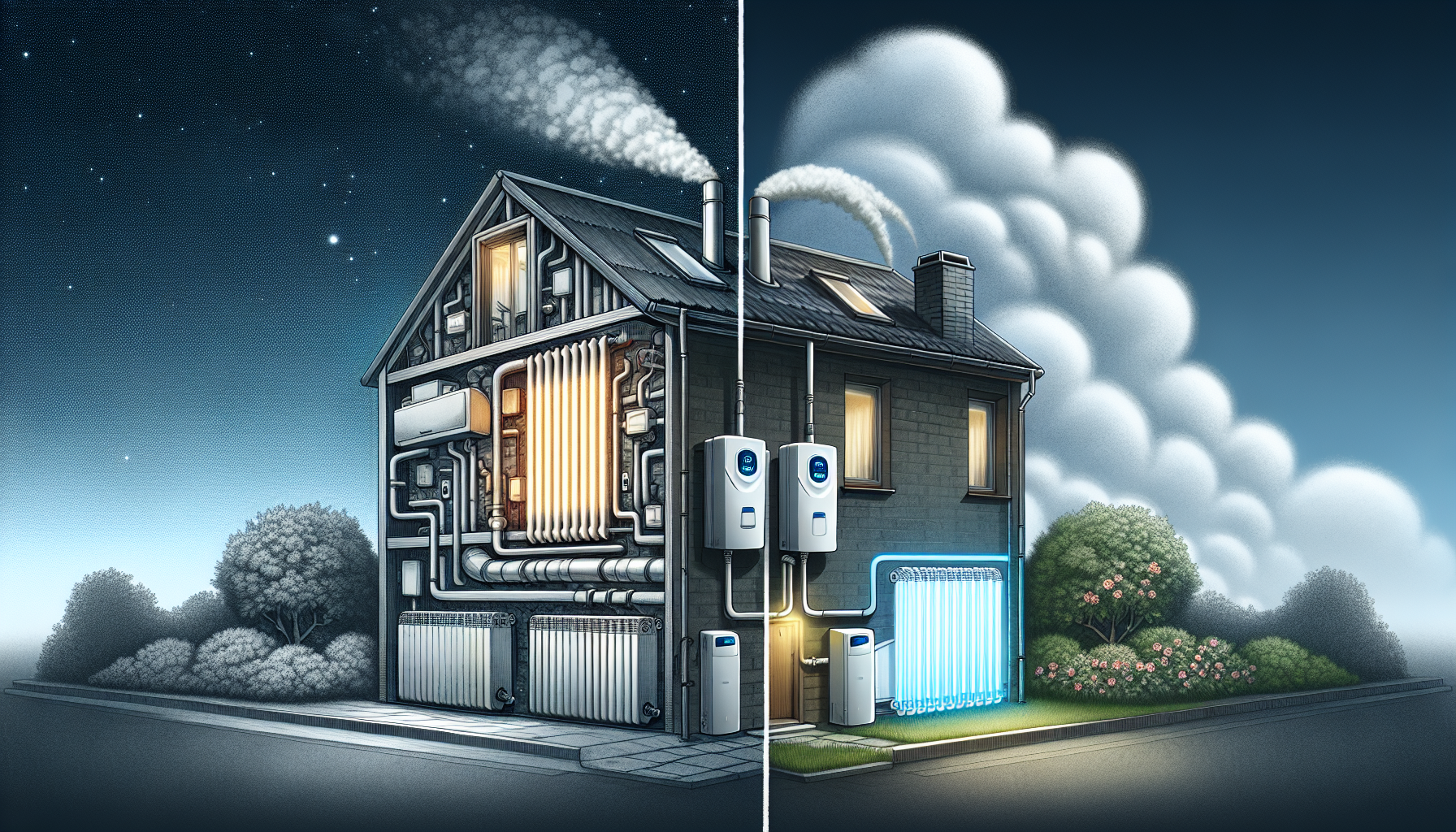 Heizungsmodernisierung. Illustration der Modernisierung einer Heizungsanlage in einem Mehrfamilienhaus