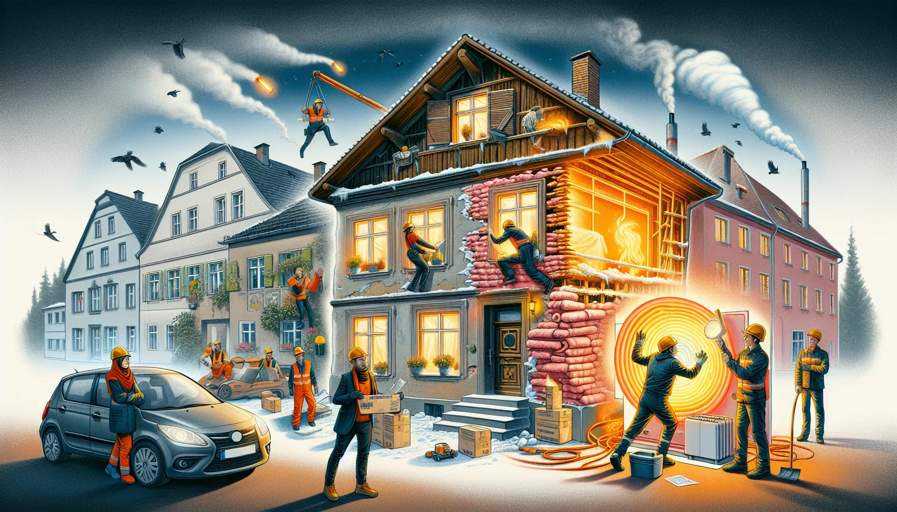 Illustration einer energetischen Sanierung eines Altbaus