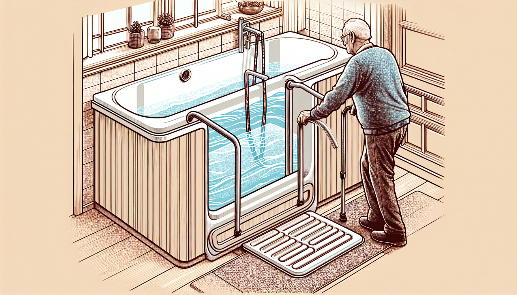 Eine begehbare Badewanne mit einer älteren Person, die sicher in die Badewanne einsteigt