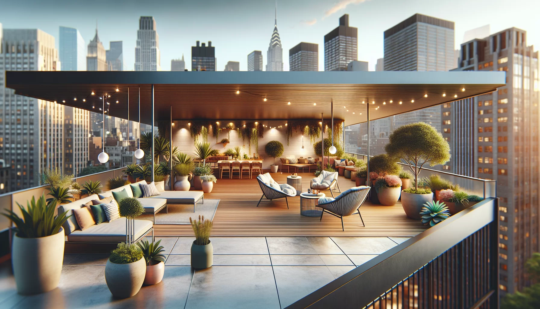 Illustration einer Dachterrasse mit Lounge-Möbeln und Pflanzen auf einem Flachdach
