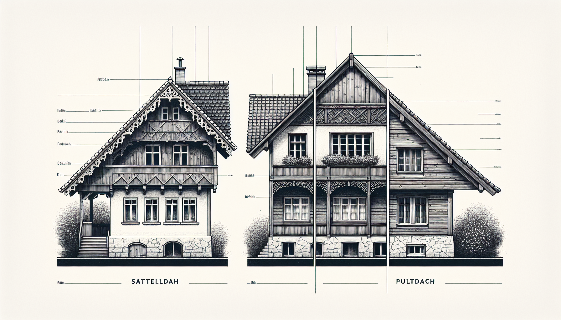 Illustration eines Satteldachs und eines Pultdachs mit Dachkonstruktionen