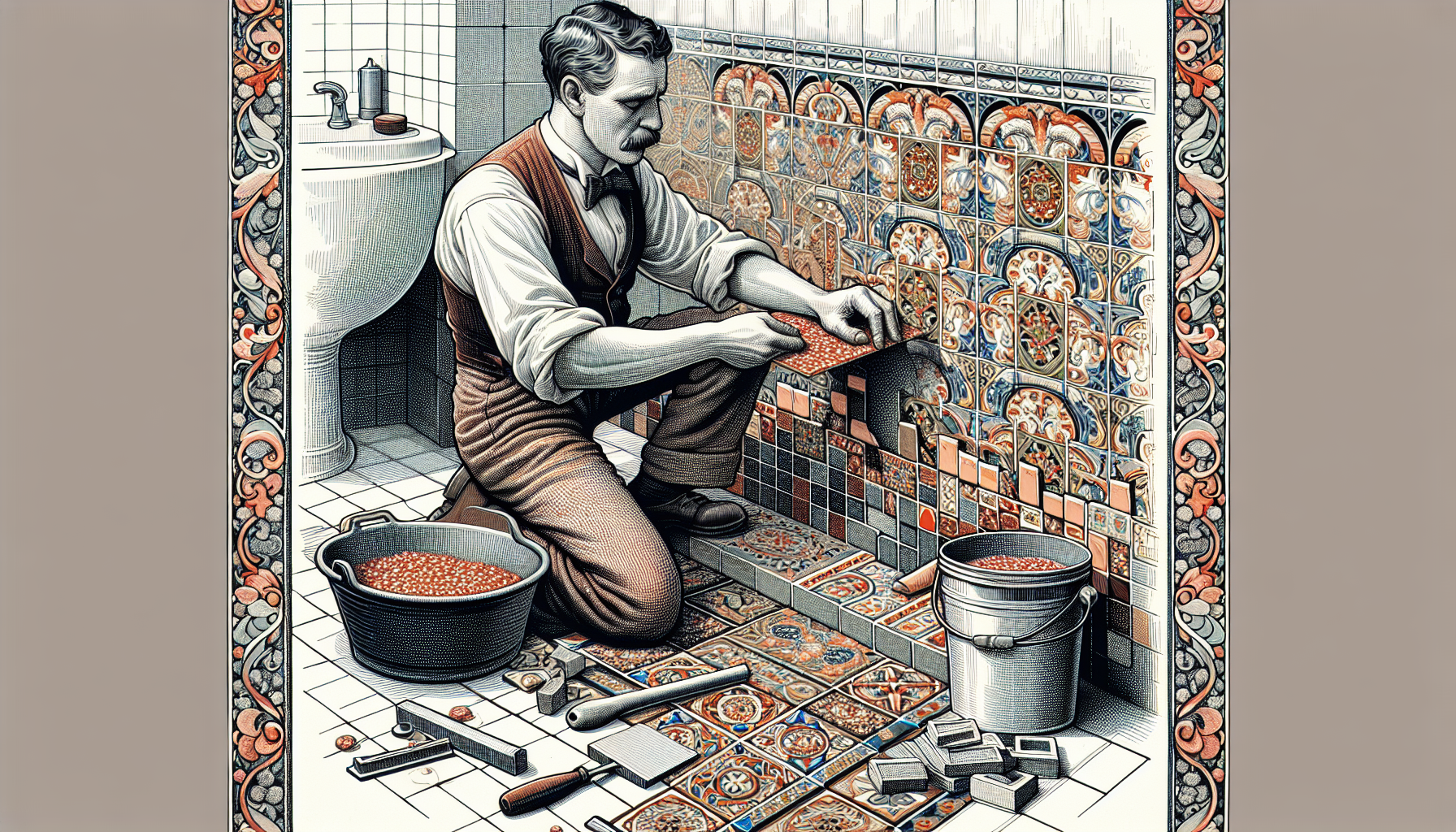 Fliesenleger - Illustration eines Fliesenlegers bei der Arbeit