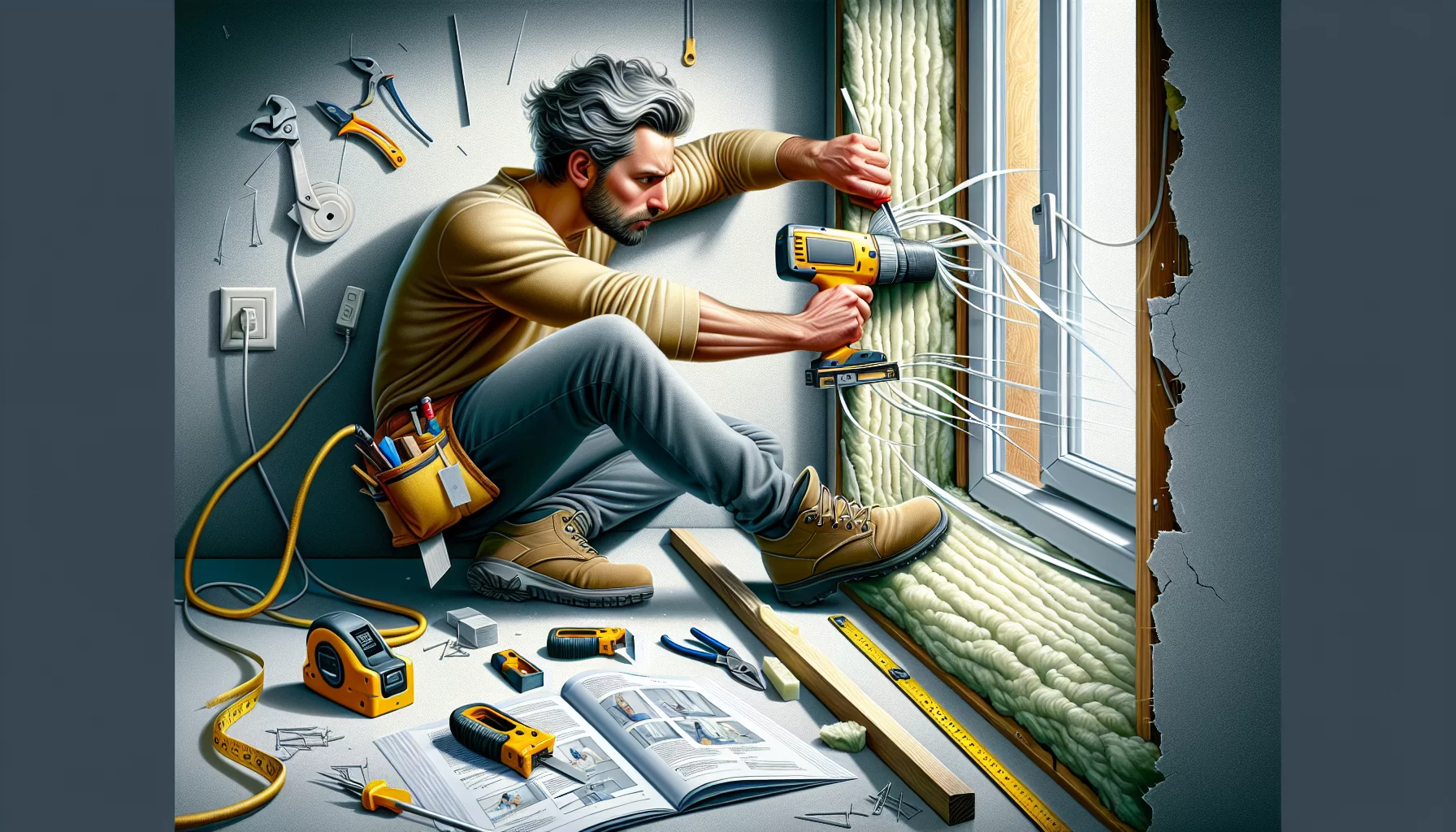 Illustration eines Heimwerkers bei der Dämmung der Fensterlaibung
