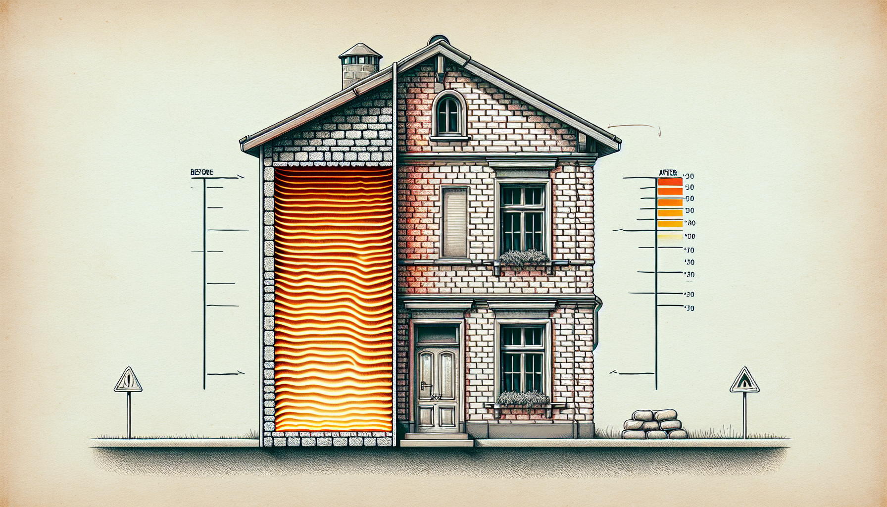 Illustration von Außendämmung vor und nach der Installation