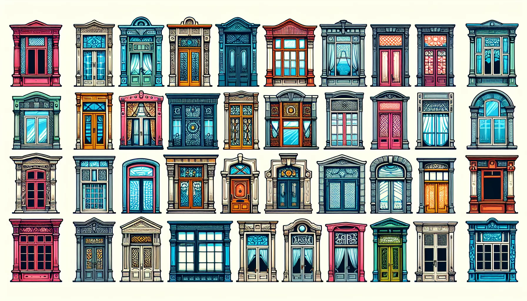 Illustration von gestalteten Sprossenfenstern in verschiedenen Farben