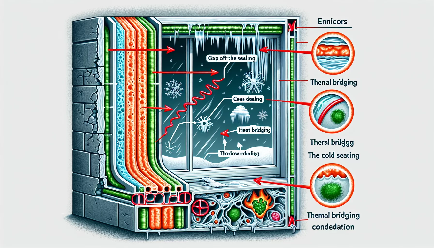 Illustration von häufigen Fehlern bei der Dämmung der Fensterlaibung