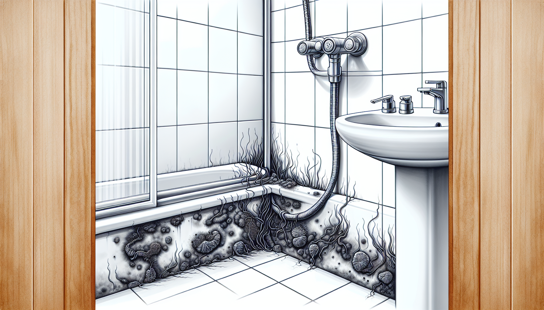 Eine Illustration eines Badezimmers mit schimmeligen Silikonfugen