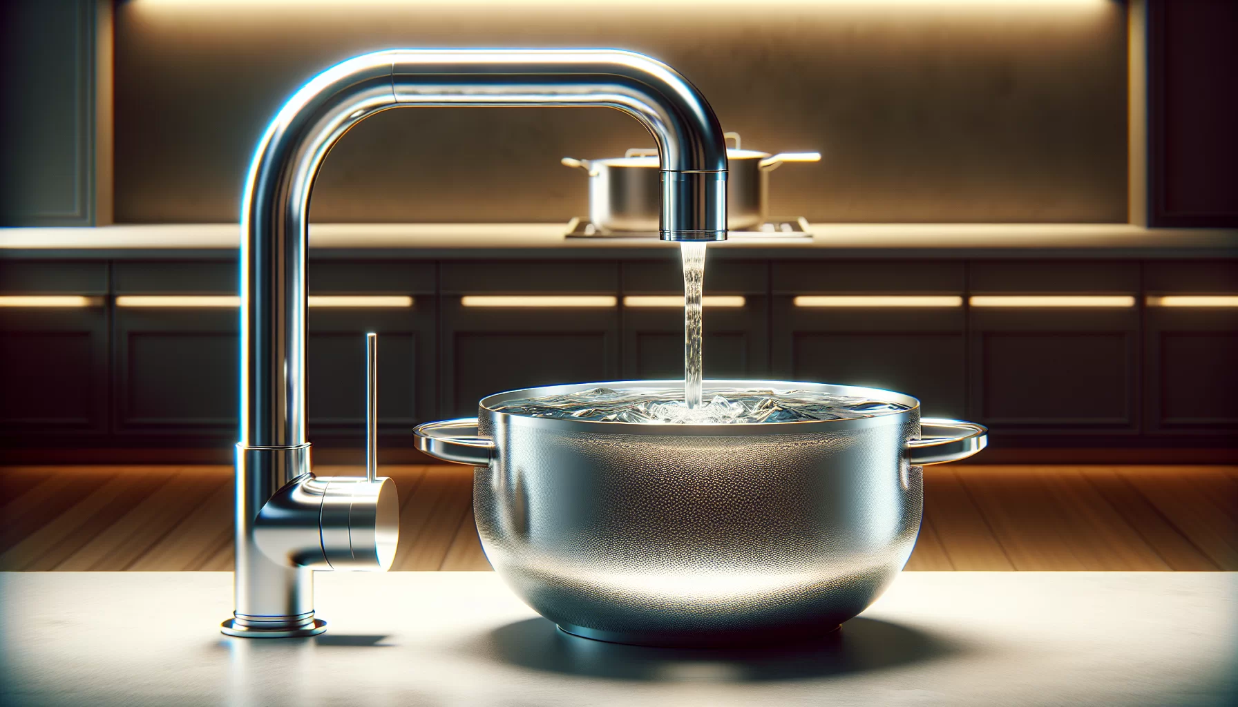 Eine Illustration eines großen Topfes, der unter einem verlängerten Wasserhahn steht