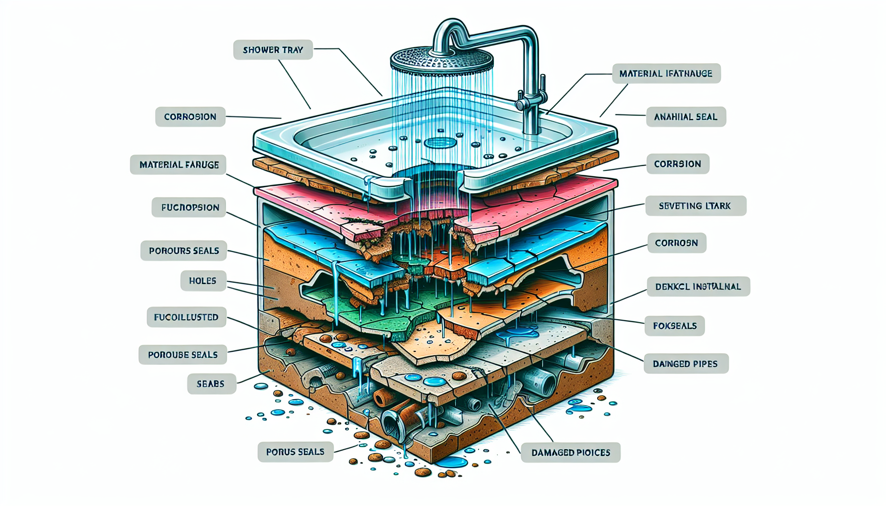 Illustration einer undichten Duschwanne mit Materialermüdung und porösen Dichtungen