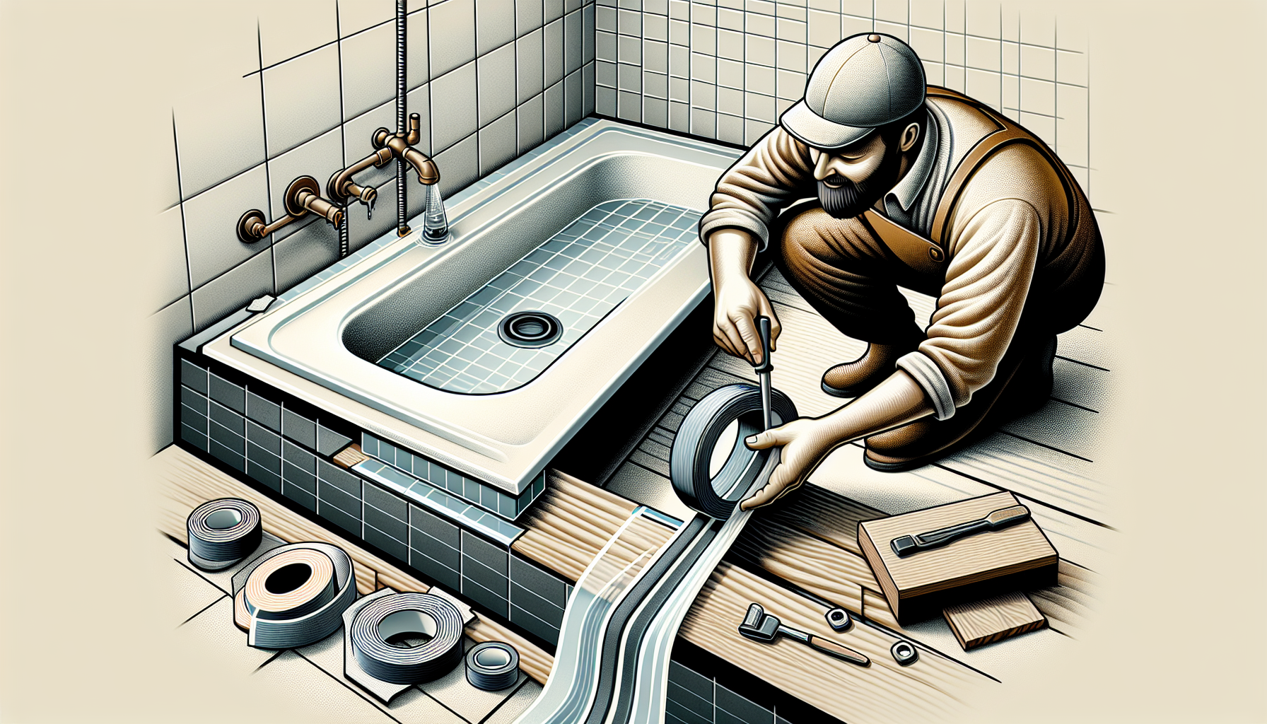 Illustration des Anbringens von Dichtband und Verkleben der Seiten der Duschwanne