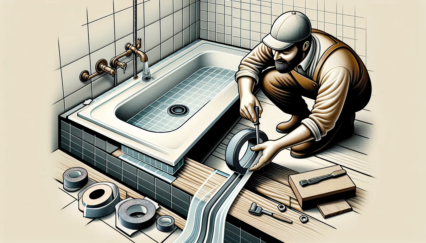Illustration des Anbringens von Dichtband und Verkleben der Seiten der Duschwanne