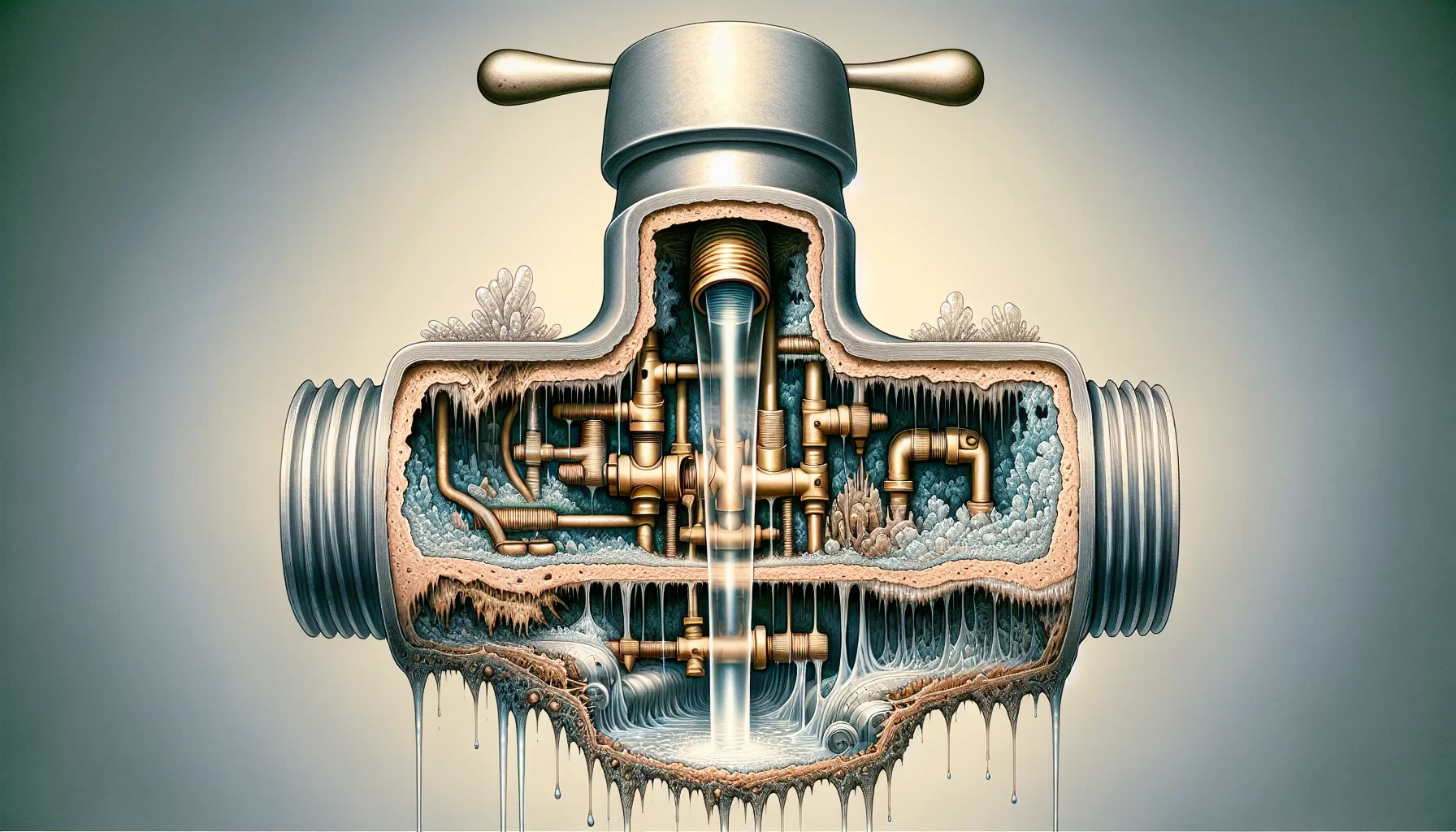 Illustration von Kalkablagerungen und defekten Dichtungen als Ursachen für einen tropfenden Wasserhahn in der Küche