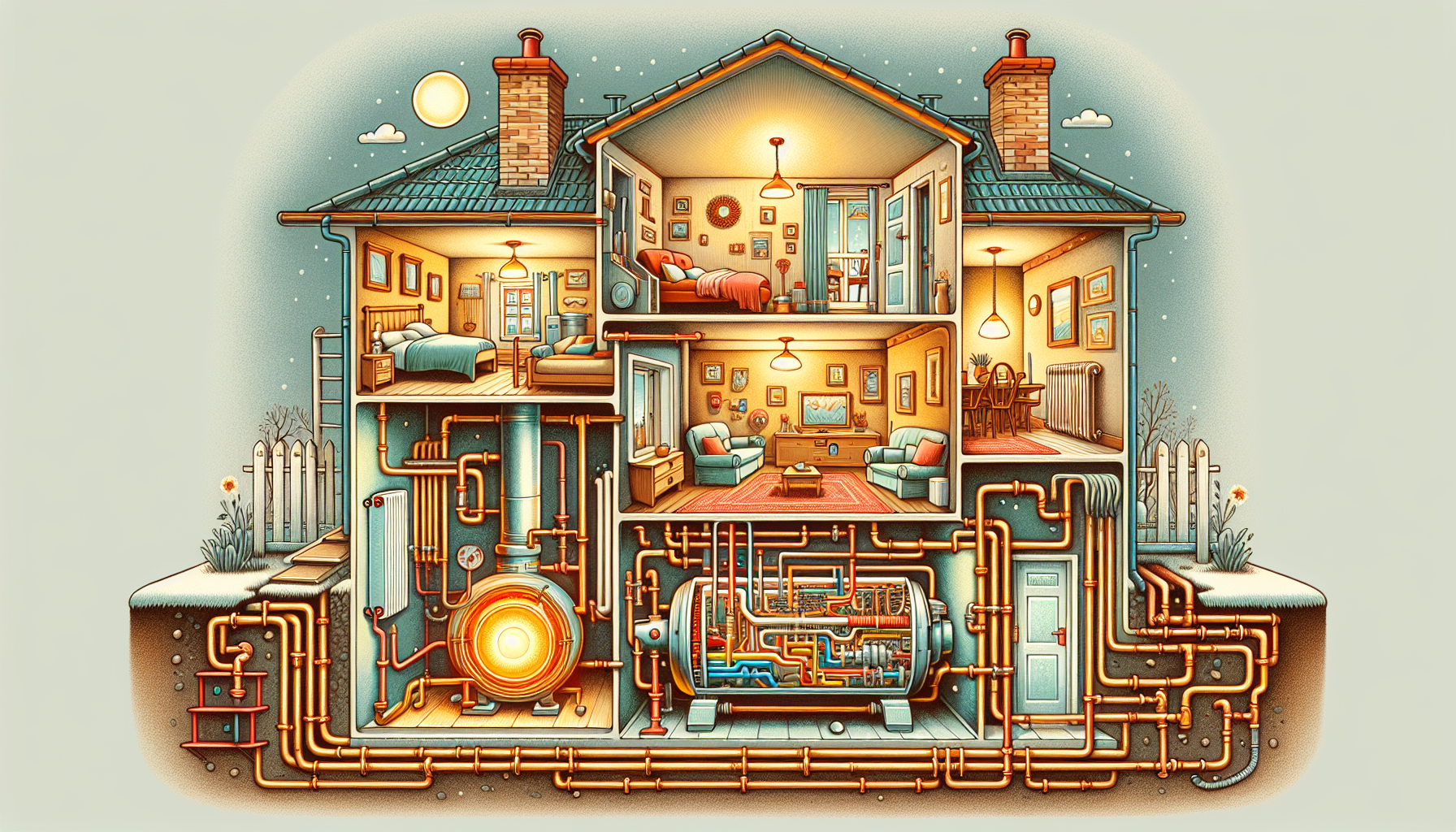 Illustration von verschiedenen Heizungskomponenten und -systemen