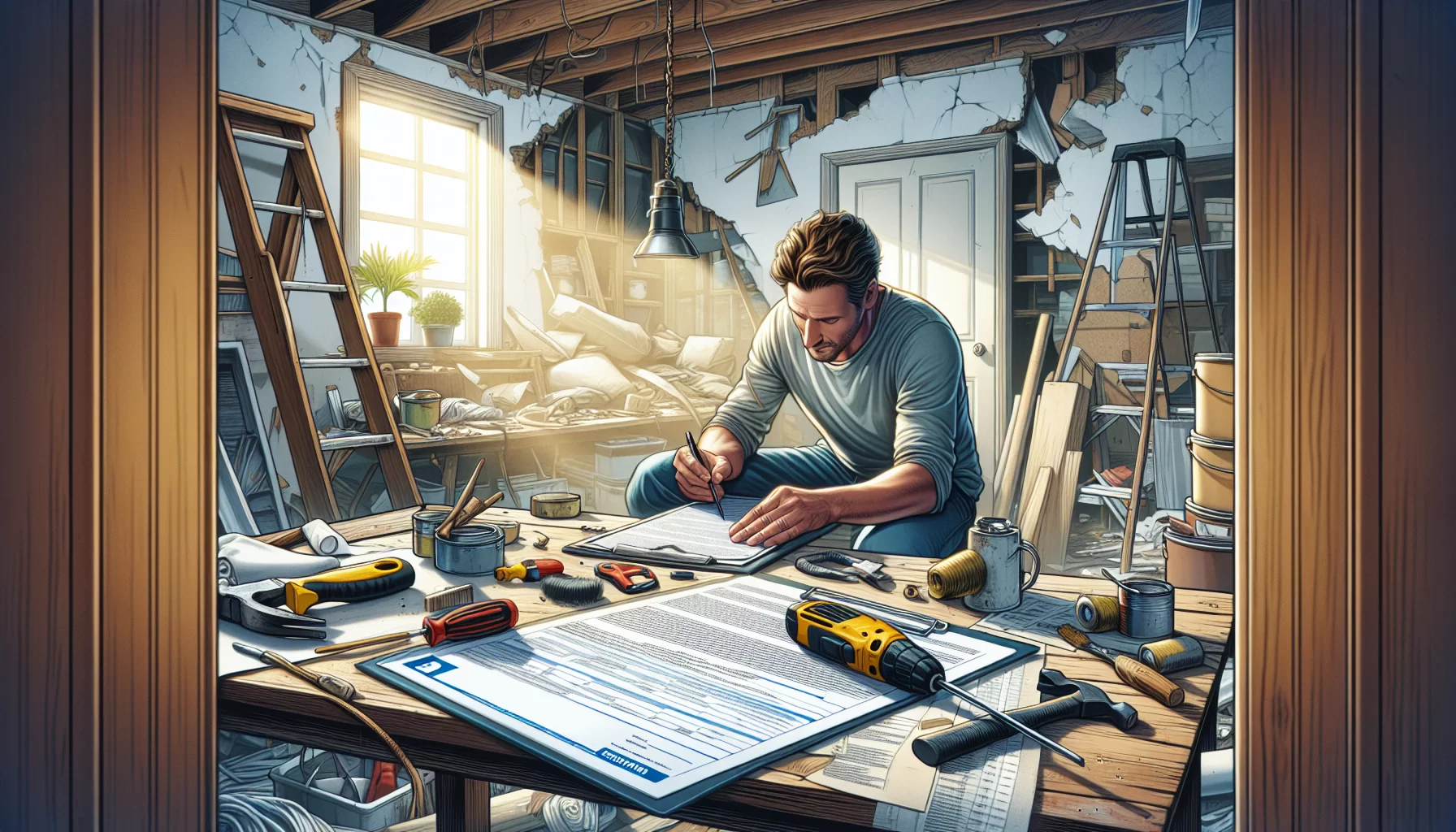 Ein Versicherungsdokument und ein Handwerker, der einen Schadensbericht ausfüllt.