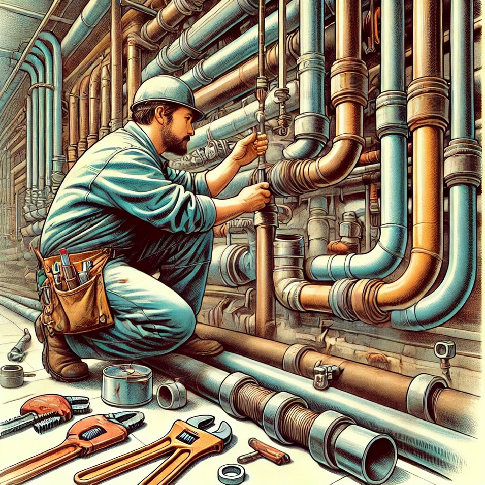 Illustration eines Fachmanns, der Heizungsrohre inspiziert.
