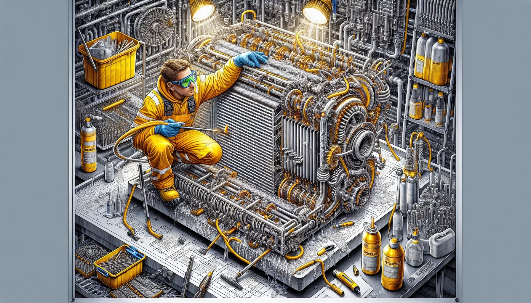 Illustration eines Technikers, der einen Wärmetauscher reinigt.