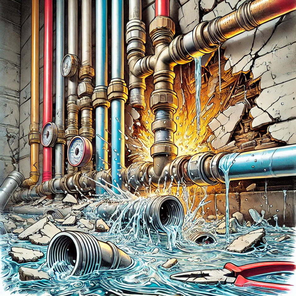 Illustration von gebrochenen Heizungsrohre mit Wasserschaden.