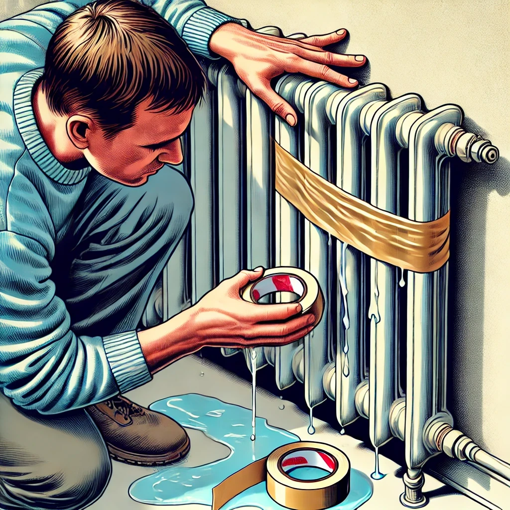 Illustration einer Person, die einen undichten Heizkörper abklebt.