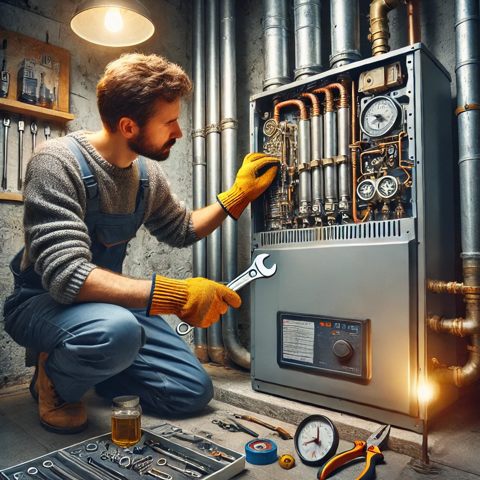 Ein Mechaniker arbeitet an einer Ölheizung zur Reparatur.