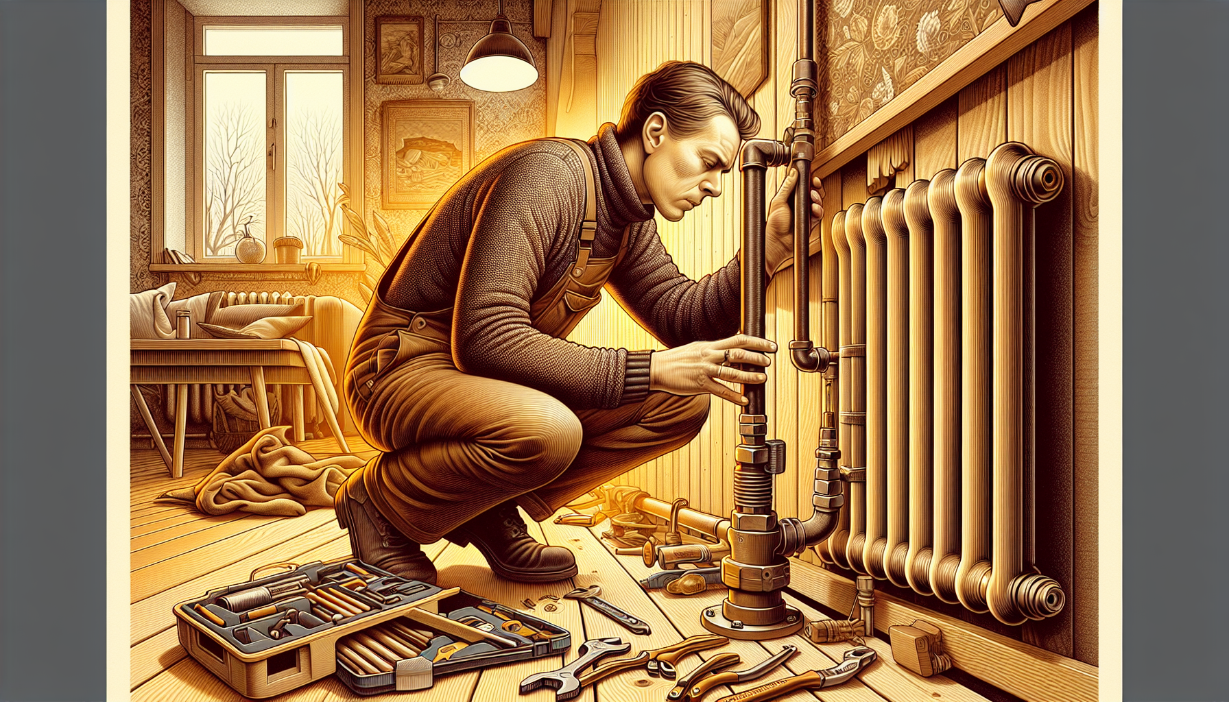 Ein Handwerker, der ein angebohrtes Rohr in einem Wohnraum überprüft.