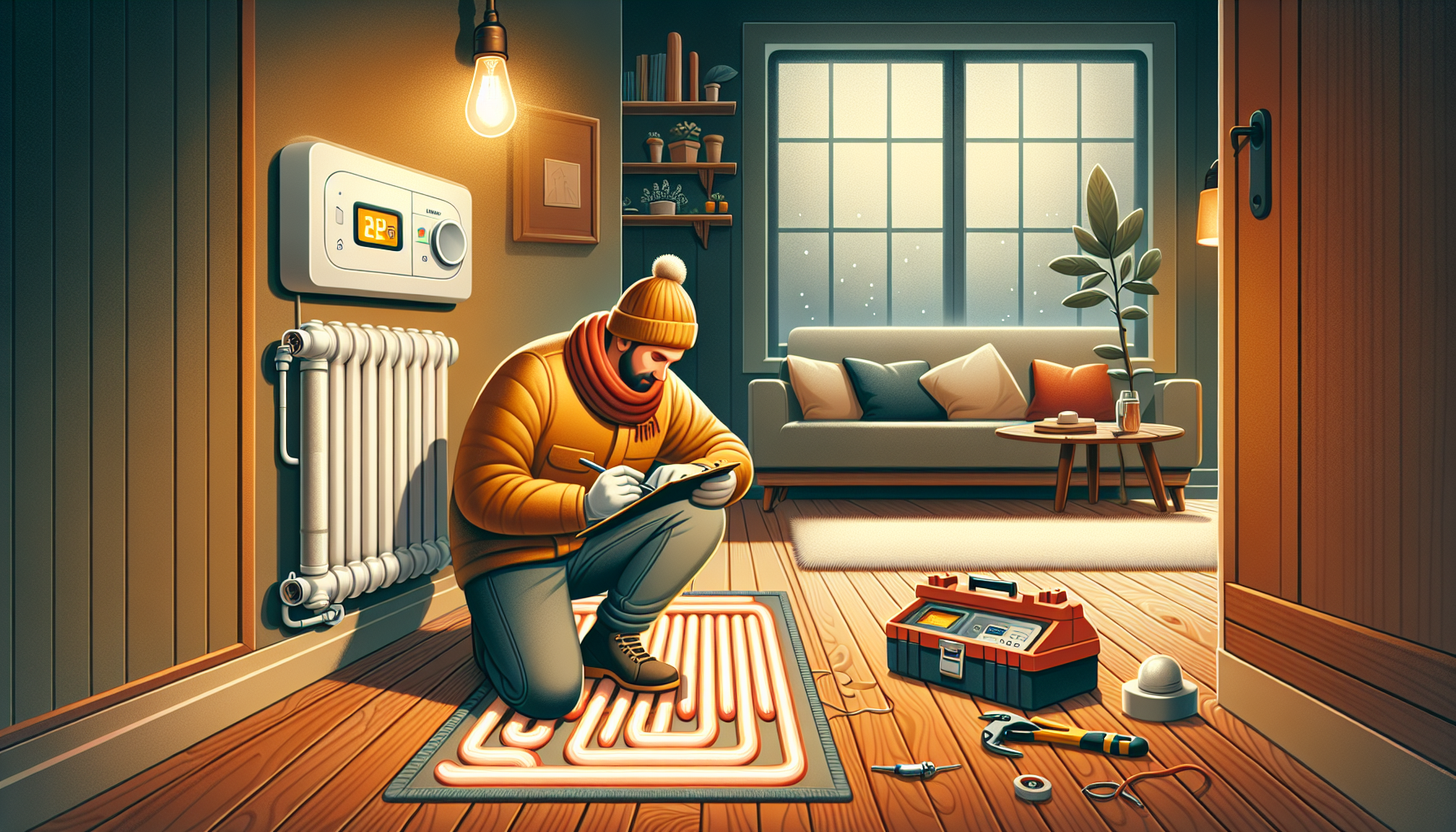 Illustration von ersten Maßnahmen bei einer defekten Fußbodenheizung.