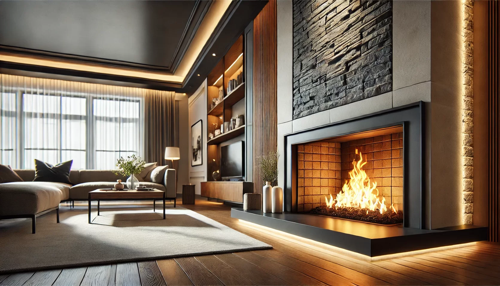 Ein Wohnzimmer mit einer Feuerstätte.