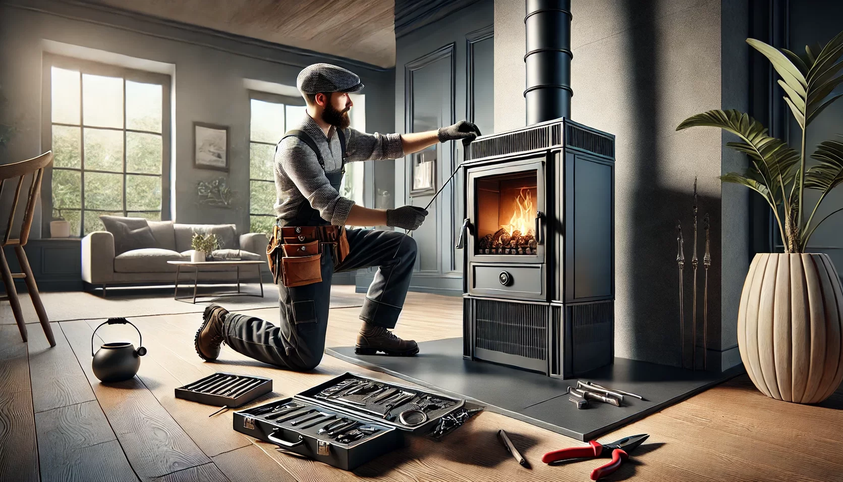 Ein Schornsteinfeger bei der fachmännischen Installation eines Kaminofens.