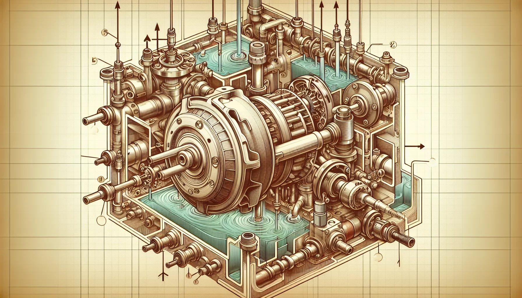 Eine schematische Darstellung einer Umwälzpumpe für Warmwasser, die die Funktionsweise verdeutlicht.