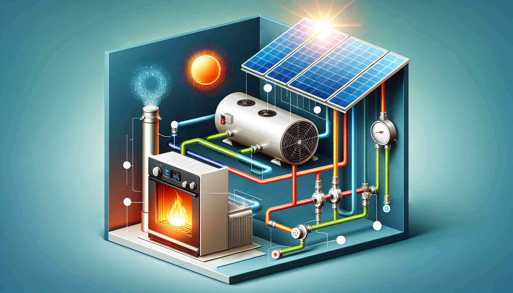 Eine schematische Darstellung einer Gas-Hybridheizung, die verschiedene Komponenten zeigt.