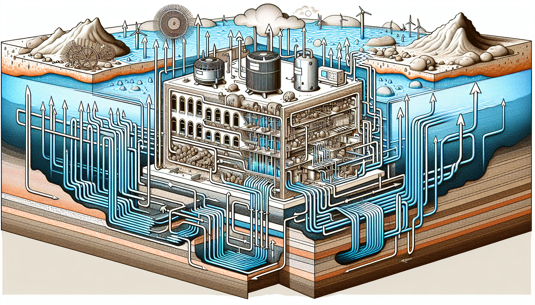 Eine schematische Darstellung von Grundwassernahwärme und ihren Komponenten.