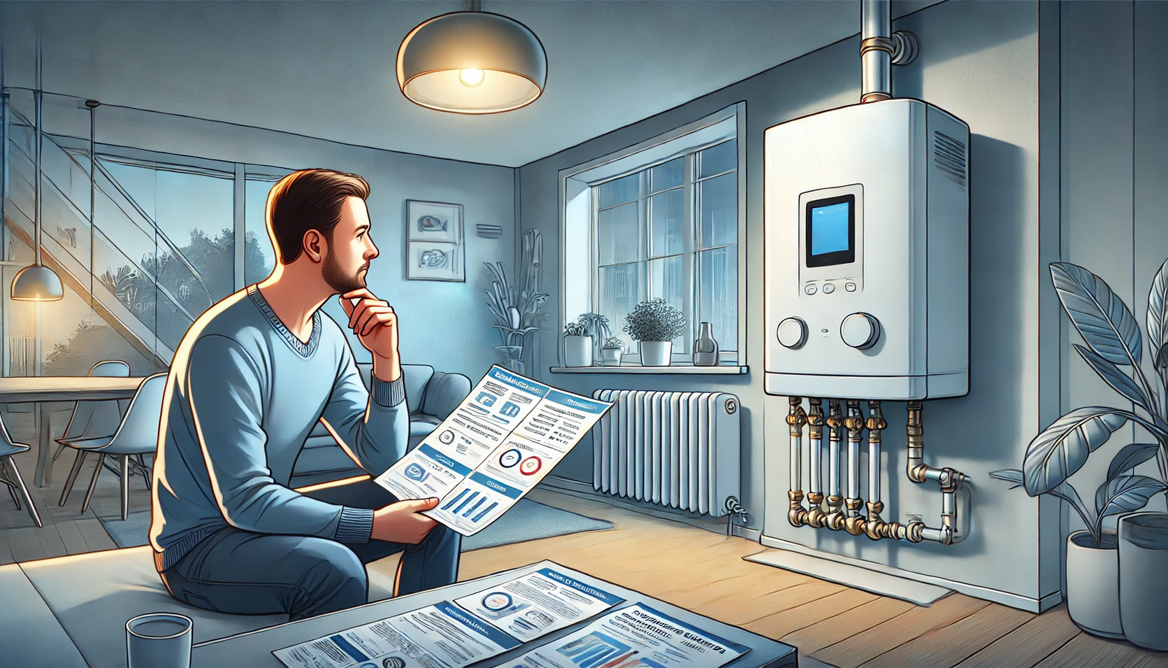 Ein Hausbesitzer, der über die Installation einer H2-Ready-Gasheizung in seinem Haus nachdenkt.