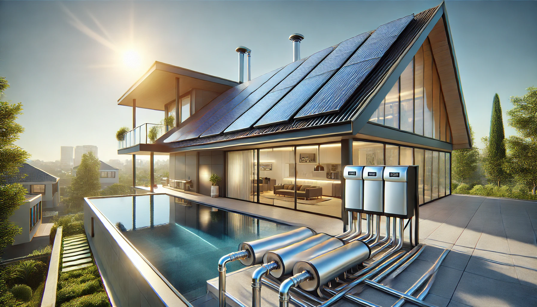Eine moderne Solaranlage zur Warmwasserbereitung auf einem Dach.