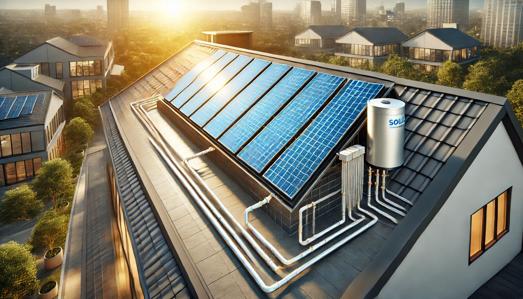 Solarthermie-Anlage zur Warmwasserbereitung auf einem Dach.