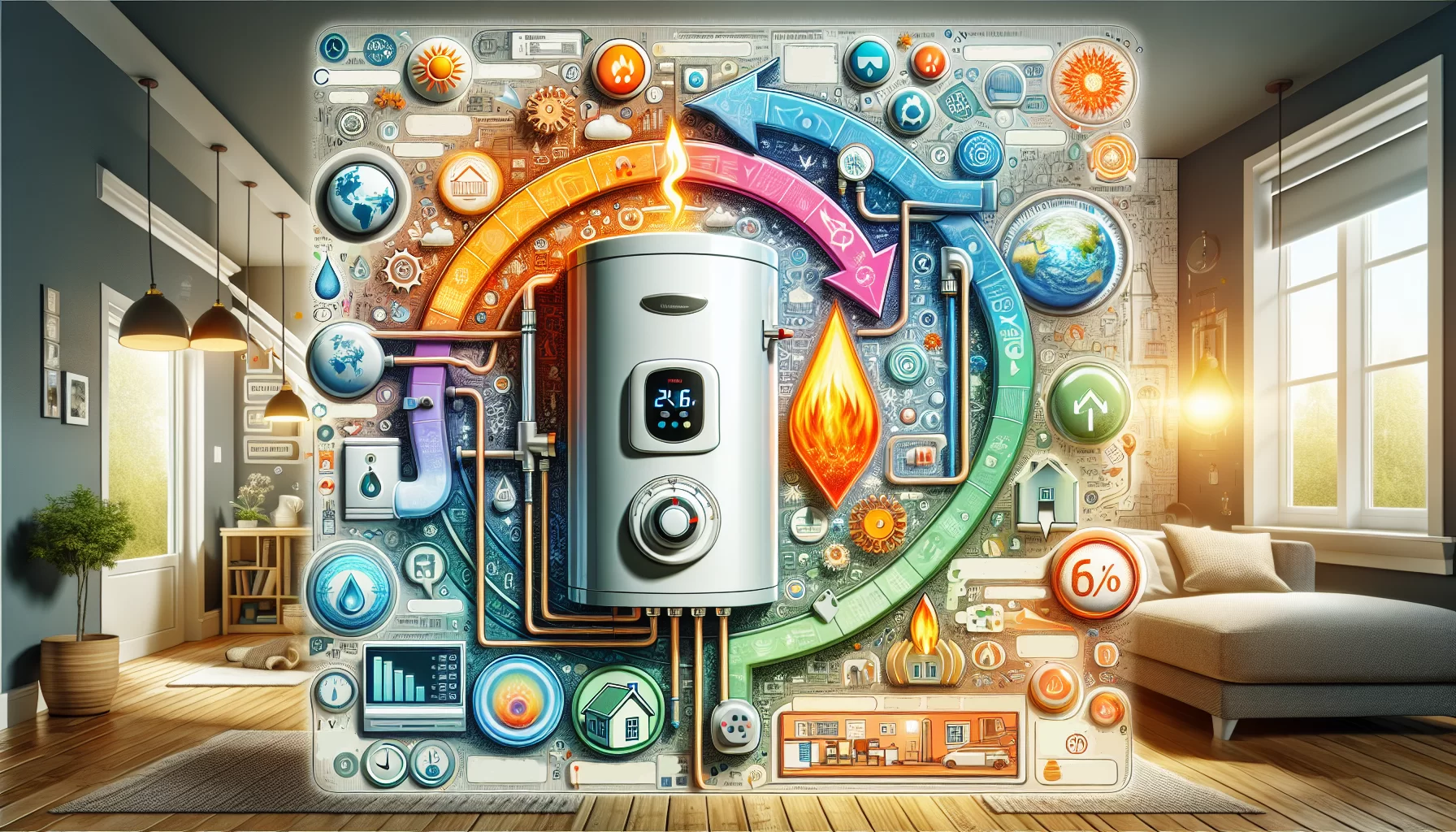 Eine Illustration, die verschiedene Einflussfaktoren auf den Energieverbrauch bei der Warmwasserbereitung darstellt.