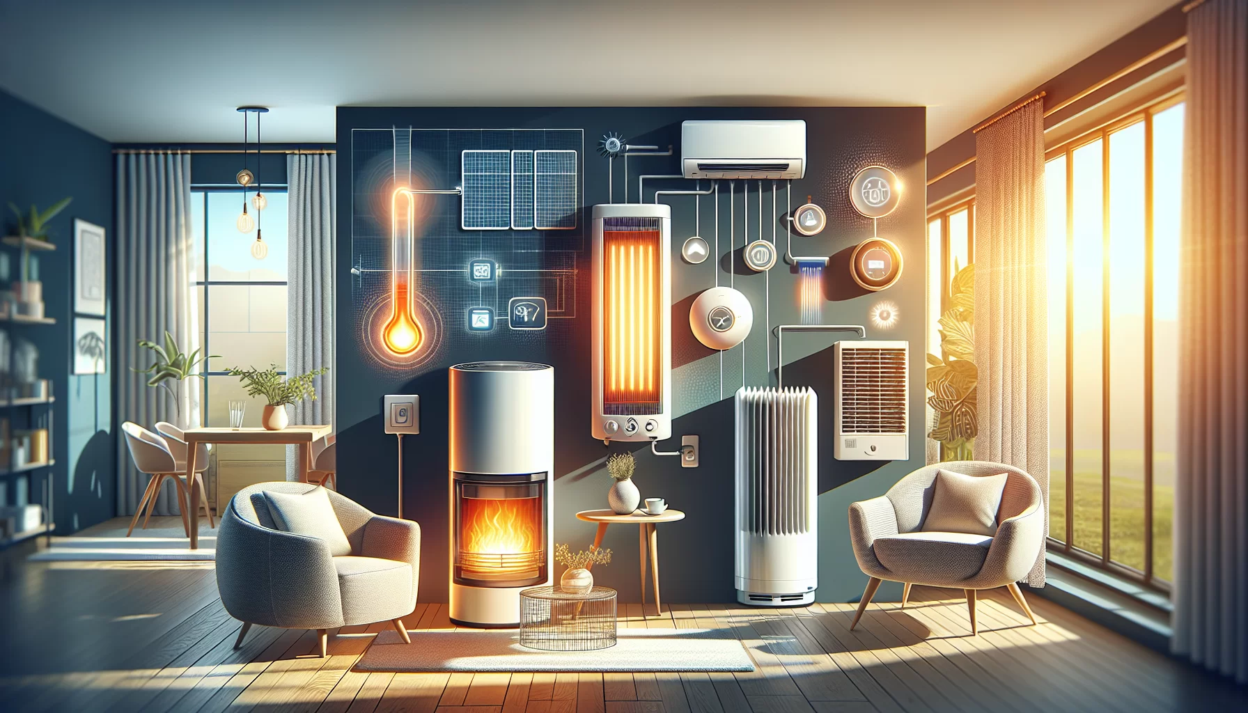 Eine Illustration von verschiedenen Heizmethoden und deren Anwendungen in einem modernen Haushalt.
