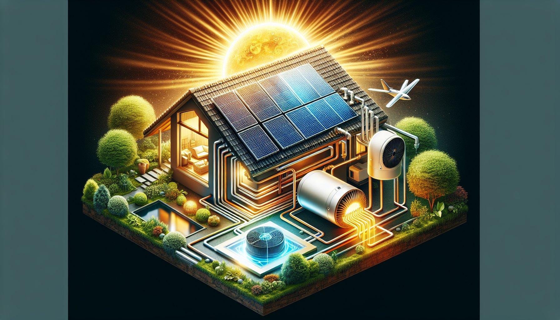 Eine Illustration, die die Kombination einer Gasheizung mit erneuerbaren Energien zeigt.