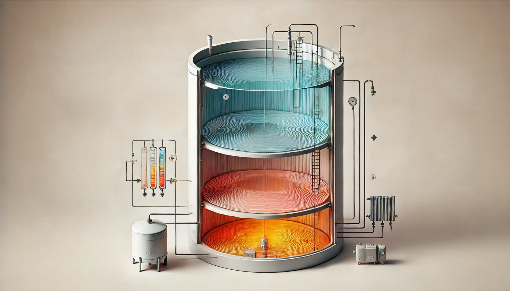 Ein Diagramm, das die Funktionsweise eines Warmwasser-Schichtenspeichers erklärt.