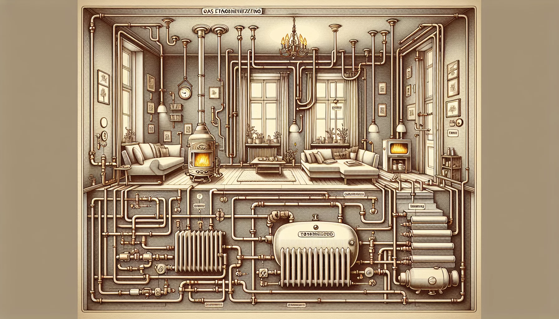 Eine schematische Darstellung einer Gasetagenheizung in einer Wohnung.